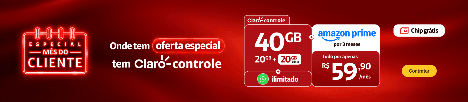 Oferta por tempo limitado Claro controle 40GB sendo 15GB Plano + 5GB exclusivo para apps selecionados + 20GB bônus por R$59,90/mês. WhatsApp ilimitado. E mais Amazon Prime 3 meses por conta da Claro.
