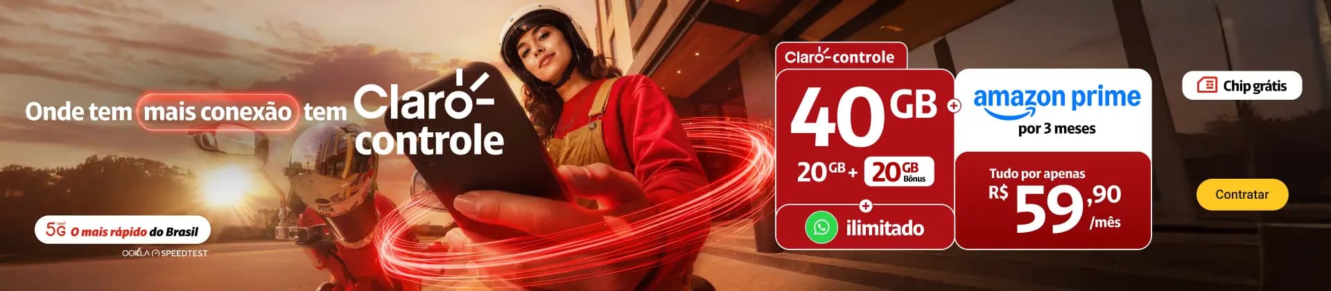 Oferta Claro Day 10.10 controle 45GB sendo 15GB Plano + 5GB exclusivo para apps selecionados + 25GB bônus por R$59,90/mês. Disney+ por 3 meses. E mais WhatsApp ilimitado.