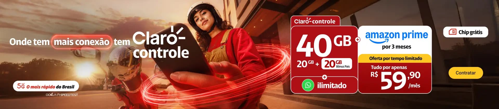 Oferta por tempo limitado Claro controle 40GB sendo 15GB Plano + 5GB exclusivo para apps selecionados + 20GB bônus por R$59,90/mês. WhatsApp ilimitado. E mais Amazon Prime 3 meses por conta da Claro.