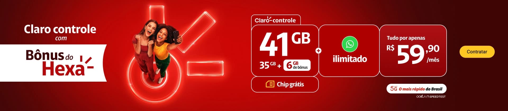 Oferta Claro controle 30GB sendo 15GB Plano + 5GB exclusivo para apps selecionados + 10GB bônus por R$59,90/mês. WhatsApp ilimitado.
