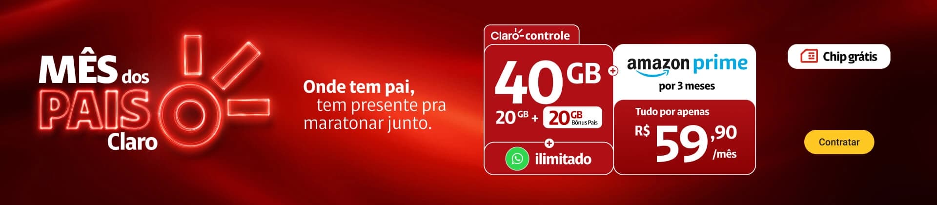 Oferta Pais Claro controle 40GB sendo 15GB Plano + 5GB exclusivo para apps selecionados + 20GB bônus por R$59,90/mês. WhatsApp ilimitado. E mais Amazon Prime 3 meses por conta da Claro.