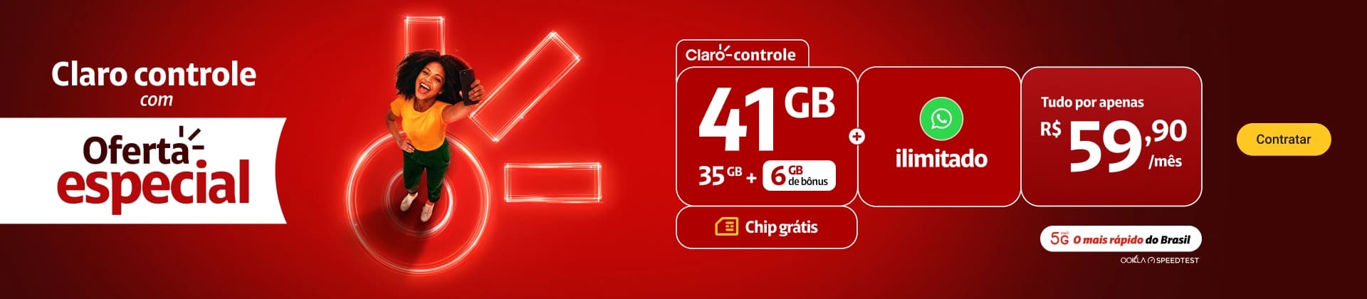 Oferta Claro controle 30GB sendo 15GB Plano + 5GB exclusivo para apps selecionados + 10GB bônus por R$59,90/mês. WhatsApp ilimitado.