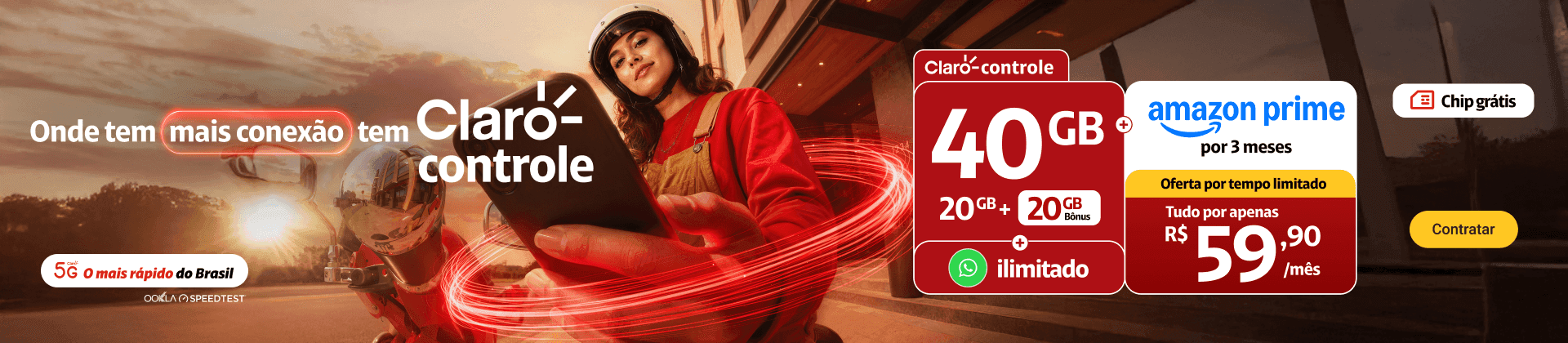 Oferta por tempo limitado Claro controle 40GB sendo 15GB Plano + 5GB exclusivo para apps selecionados + 20GB bônus por R$59,90/mês. WhatsApp ilimitado. E mais Amazon Prime 3 meses por conta da Claro.