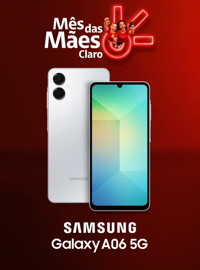 Mês das Mães Claro. Onde tem mãe, tem torcida e presente da Claro. Samsung Galaxy A06 5G no Claro controle. Eu quero! Mês das Mães Claro. Onde tem mãe, tem torcida e presente da Claro. Samsung Galaxy A06 5G no Claro controle. Eu quero!